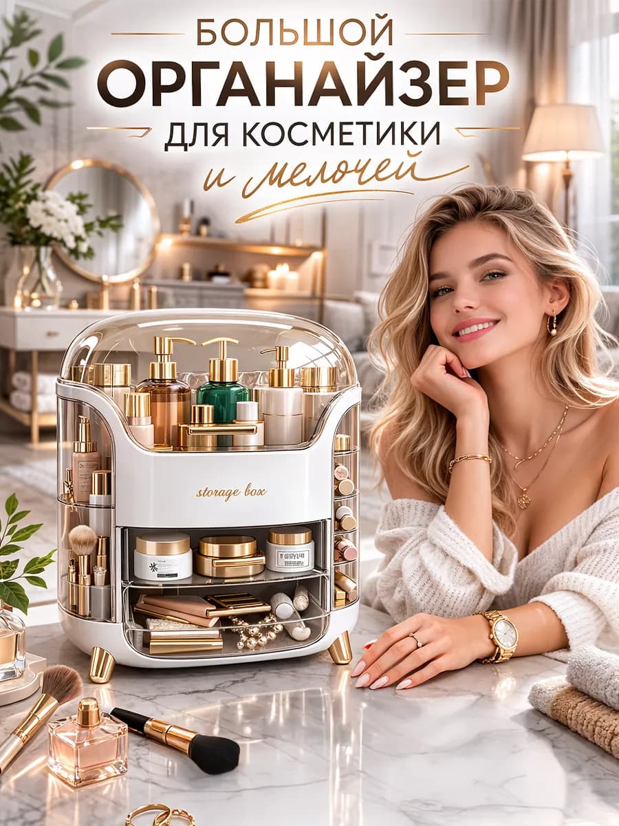 Органайзер для косметики большой прозрачный с крышкой
