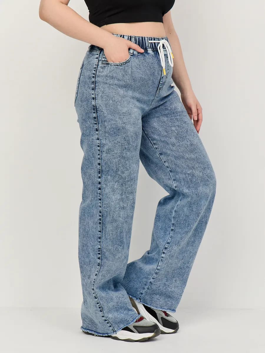 Джинсы трубы на широкой резинке с высокой посадкой летние