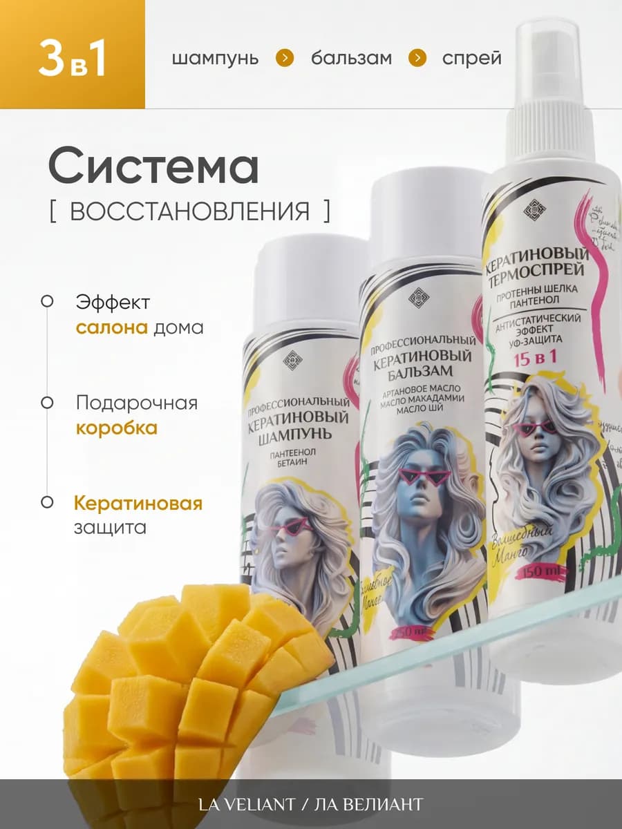 Подарочный набор шампунь, бальзам и термозащита с кератином