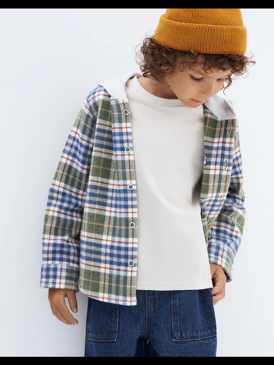 Хаки свободная рубашка в клетку с капюшоном