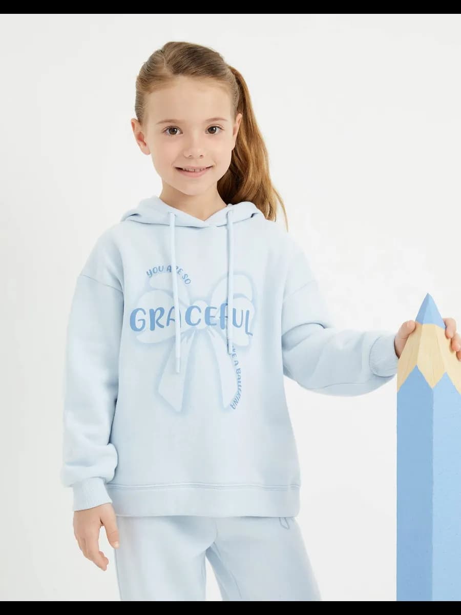 Голубое худи oversize с принтом и начёсом