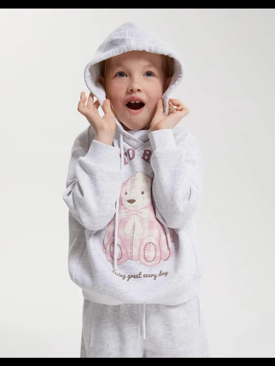 Серое худи oversize с принтом и начёсом