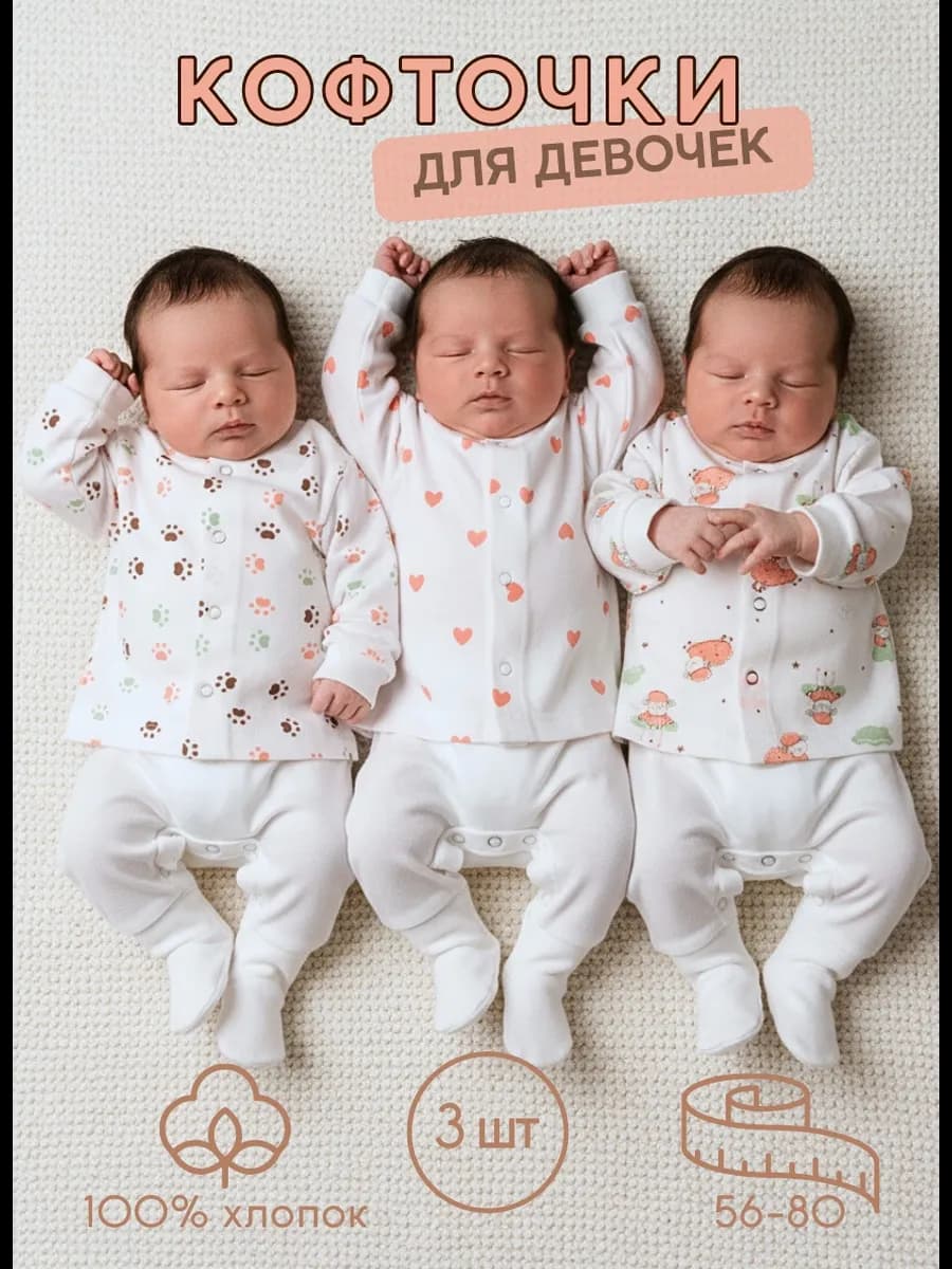 Кофточки распашонки для новорожденных на кнопках тонкие 3 шт