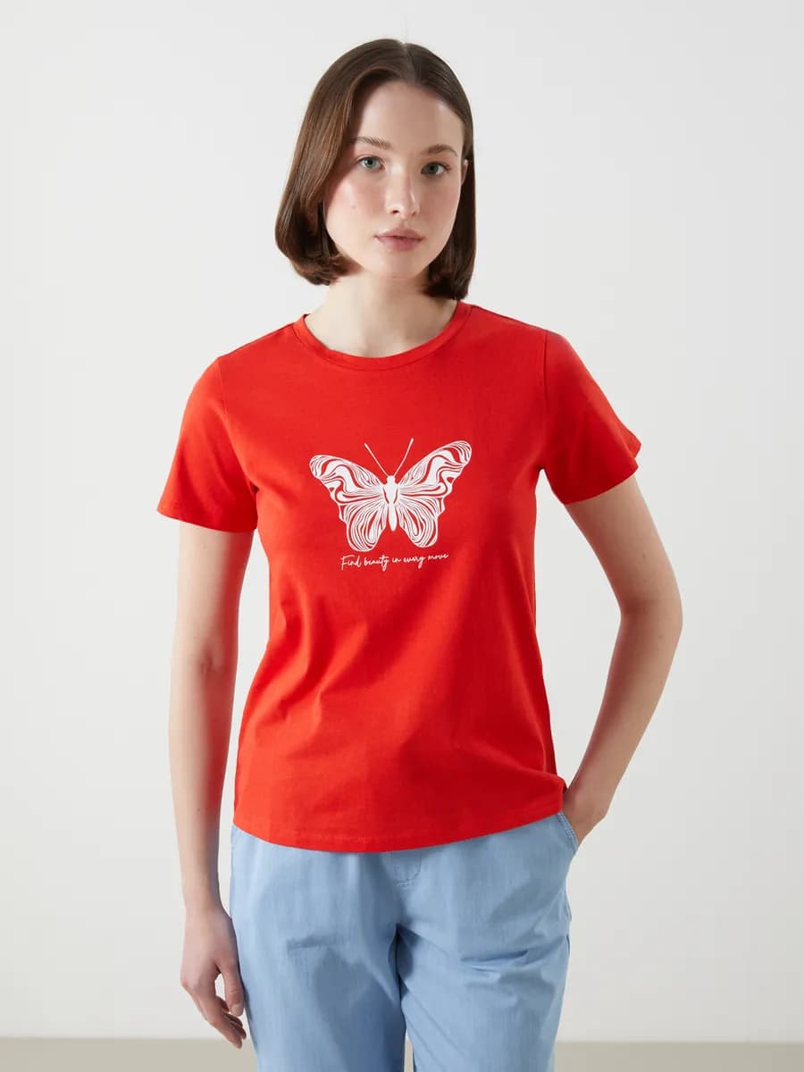 Женская футболка из хлопка с круглым вырезом и принтом