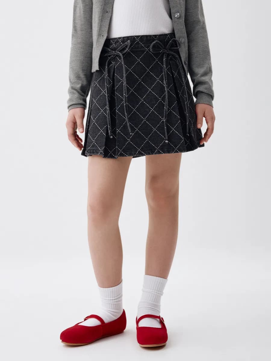 Джинсовая юбка в складку школьная с бантиками