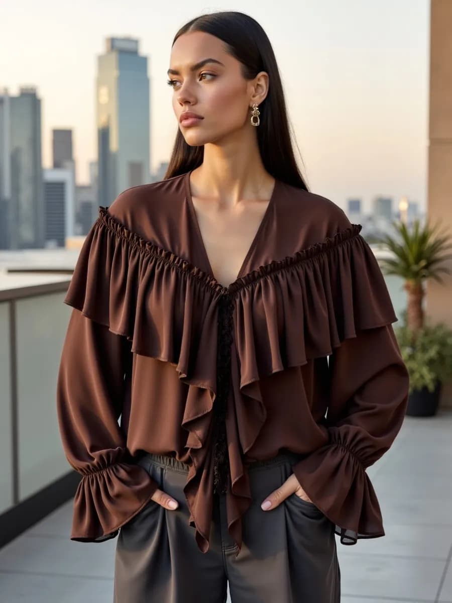 Блузка с воланами и рюшами нарядная оверсайз