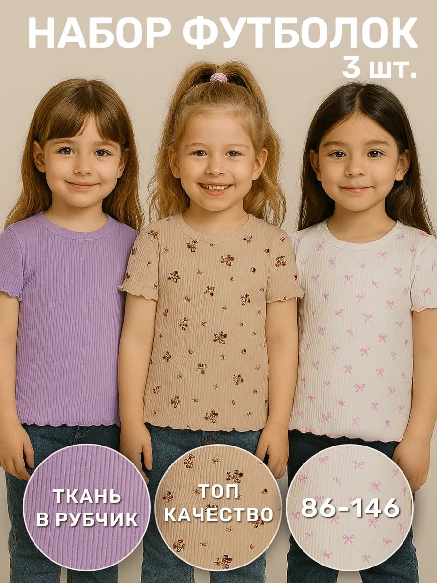 Набор детских футболок узкий рубчик с принтом