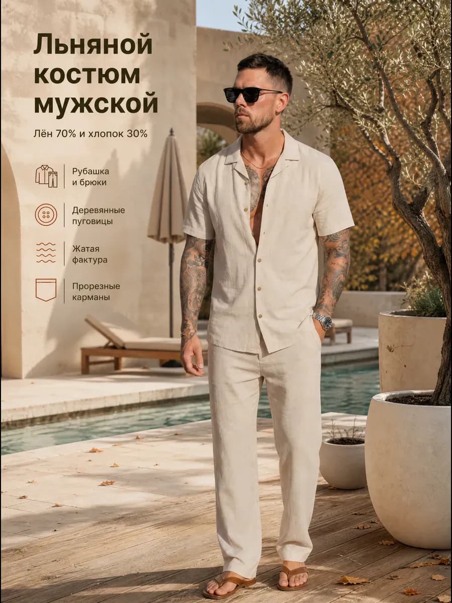 Льняной костюм летний брюки рубашка