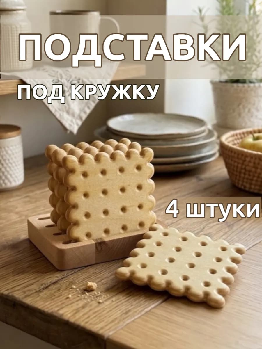 Подставки под кружки и стаканы, деревянные 4 шт - фото 1