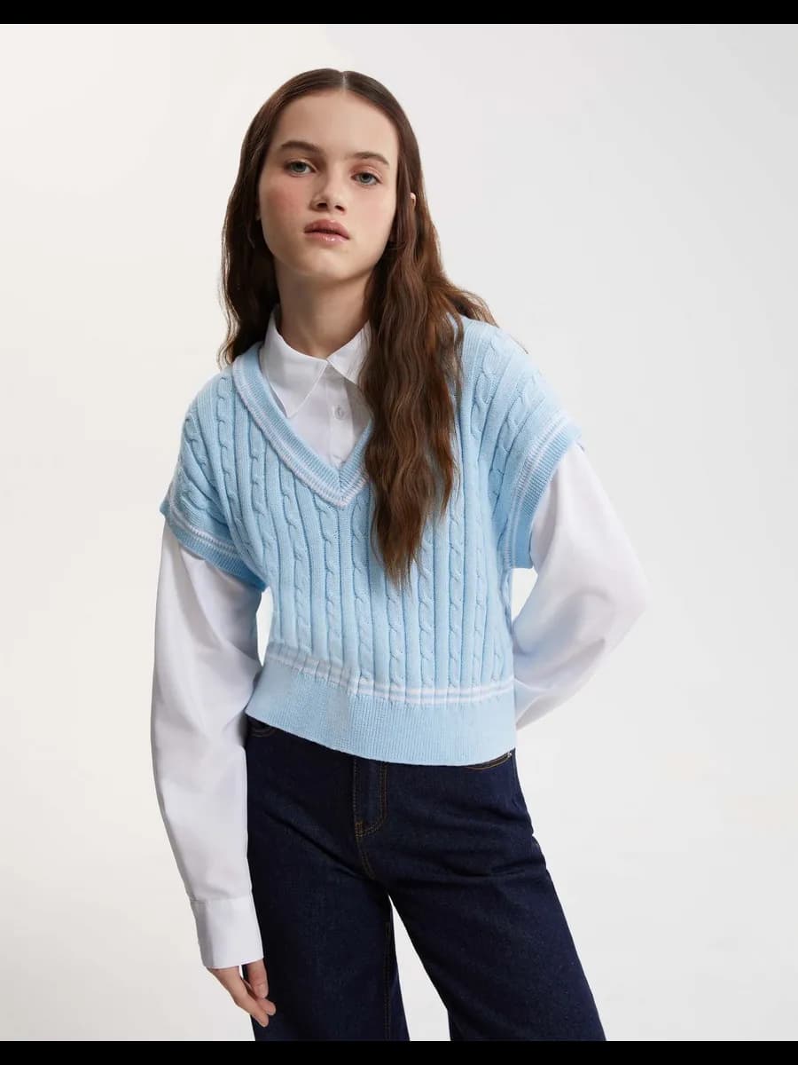 Голубой многослойный жилет с рубашкой