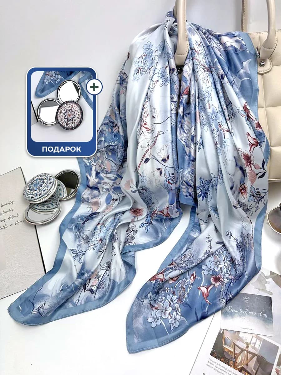 Шелковый платок на голову и шею 90х90см летняя косынка