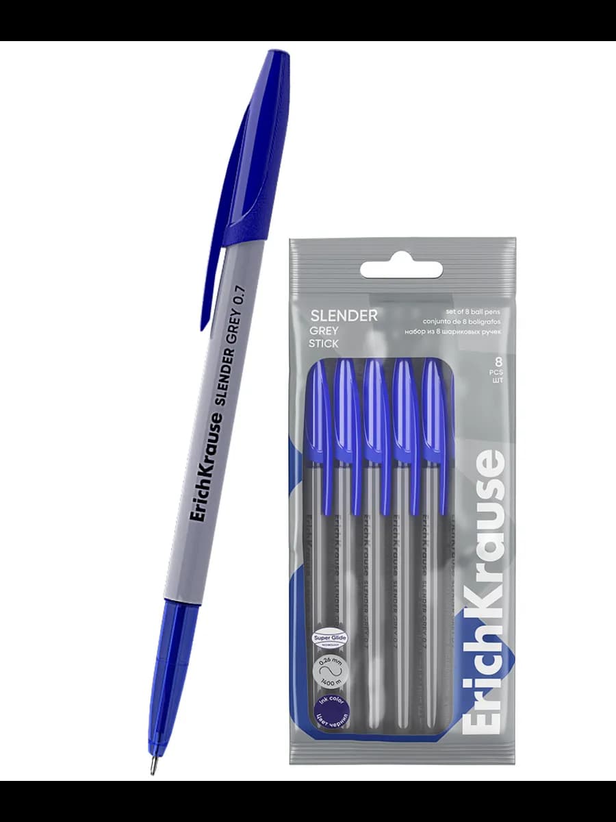 Ручка шариковая 8 шт ErichKrause Slender Stick Grey синяя