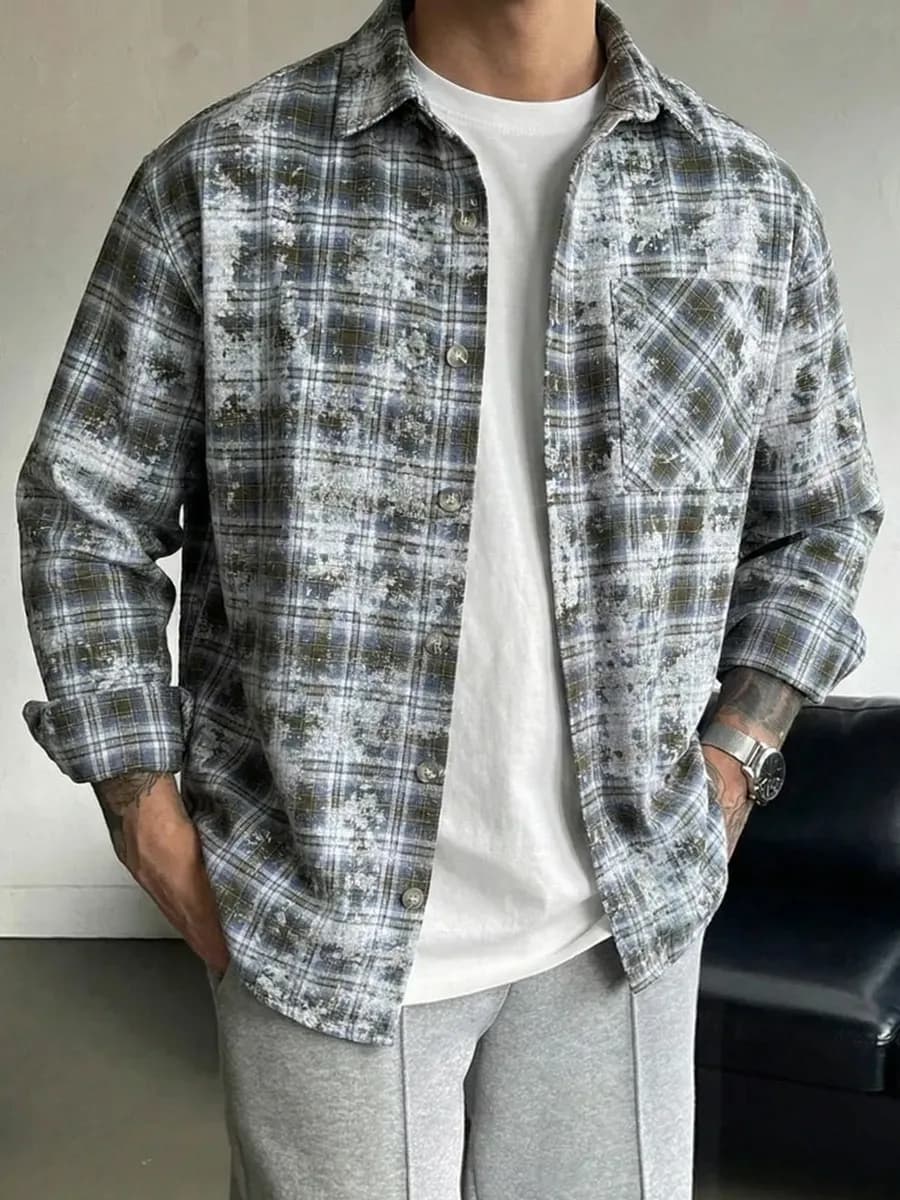 Рубашка в клетку с длинным рукавом оверсайз - фото 1