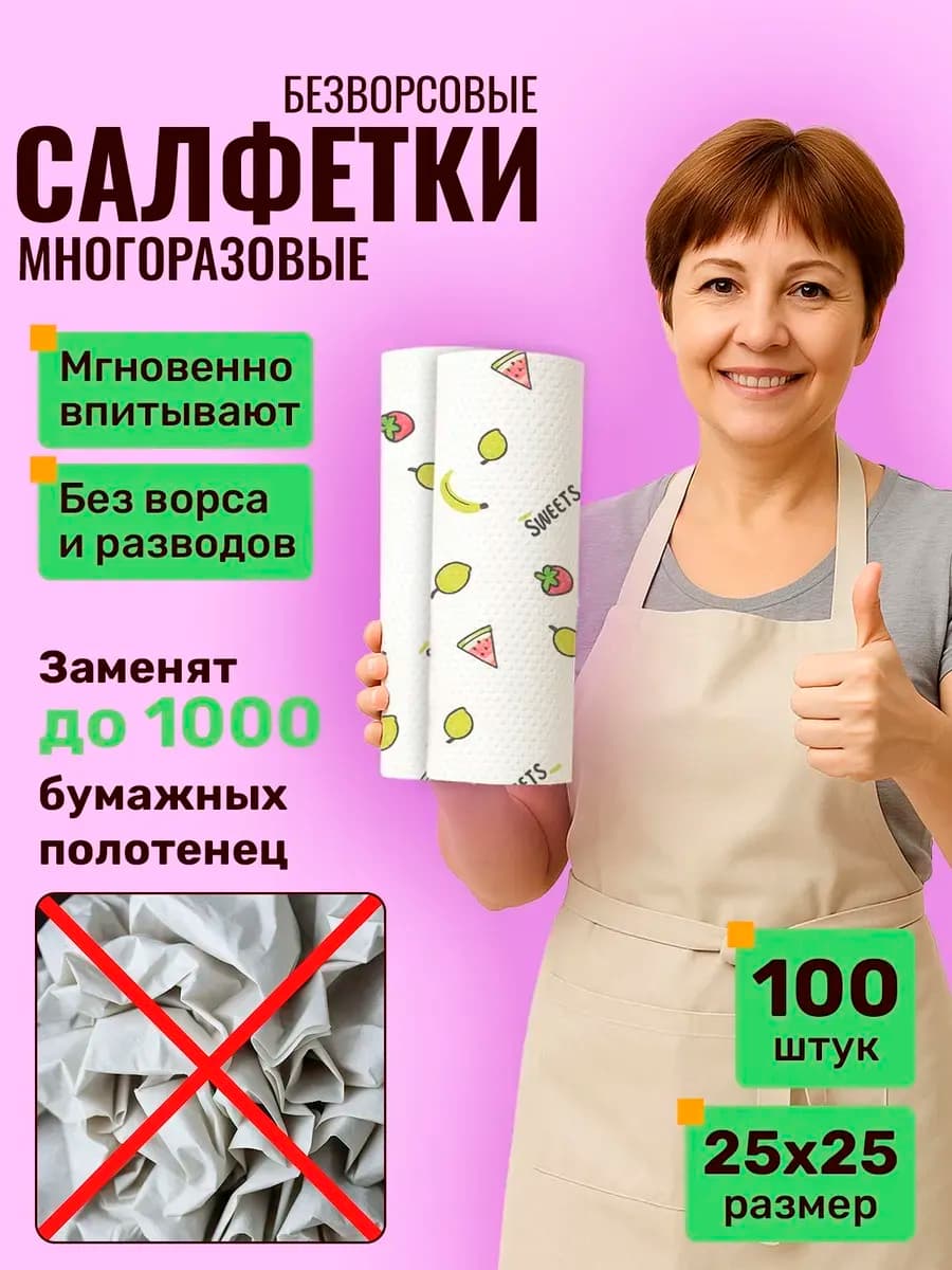 Салфетки для уборки в рулоне многоразовые 100 шт безворсовые