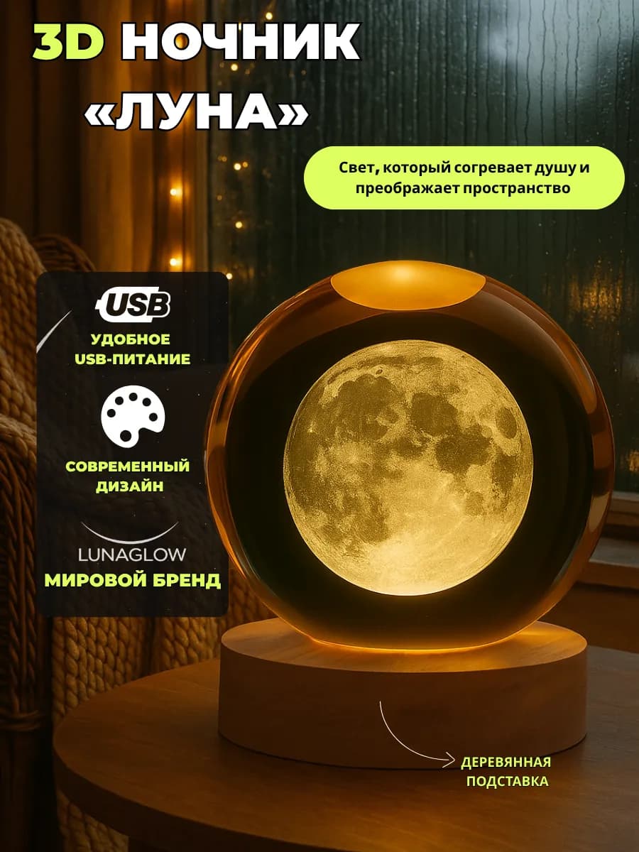 Ночник детский светодиодный стеклянный шар Луна USB