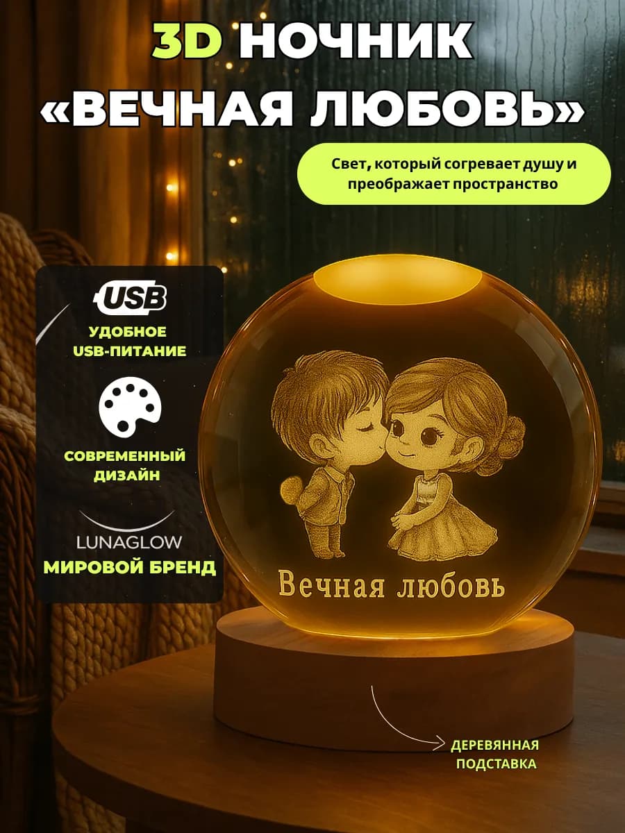 Ночник стеклянный светильник Вечная любовь USB