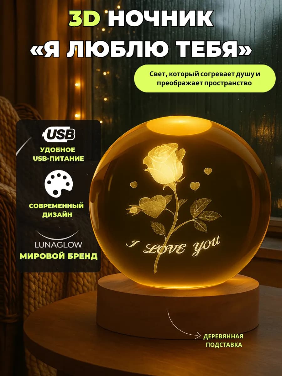 Ночник стеклянный светильник Роза USB