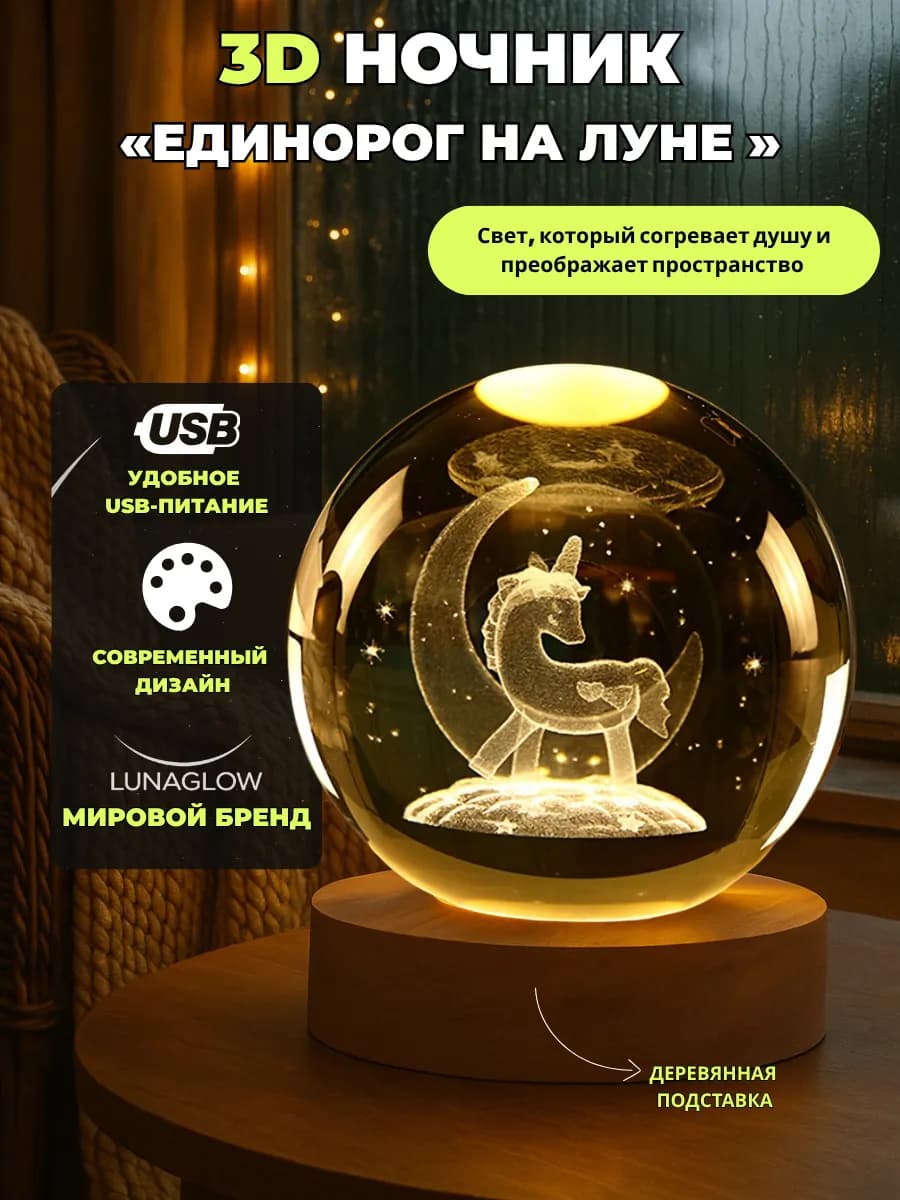 Ночник детский светодиодный Шар Единорог USB