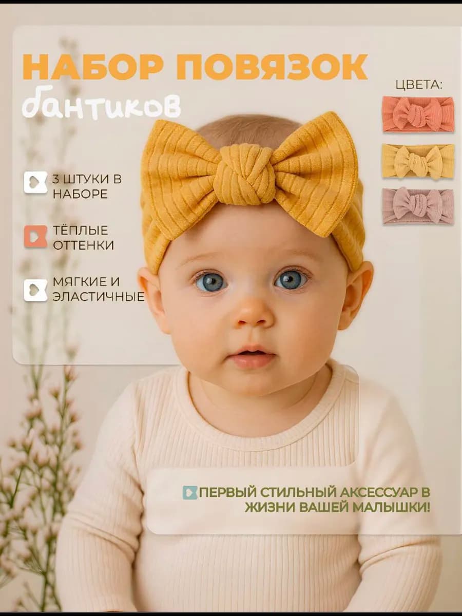 Детская повязка на голову с бантом 92% хлопок От 0 до 24