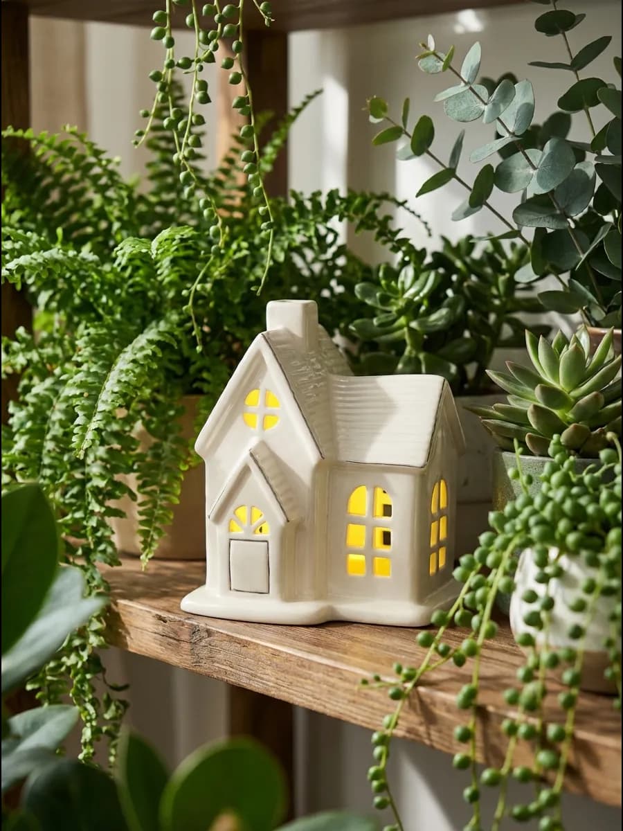 Домик керамический новогодний белый с подсветкой