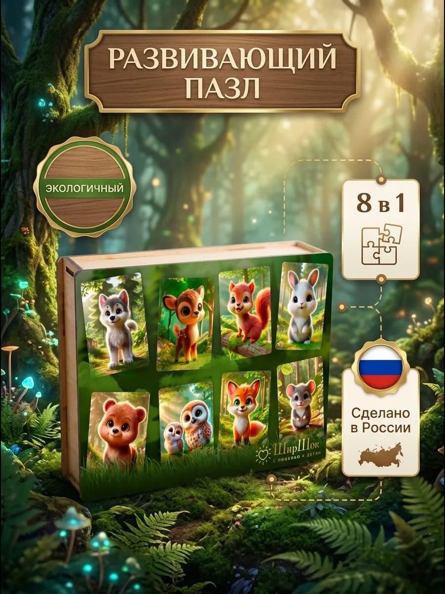 Деревянные детские пазлы Дикие животные в коробке