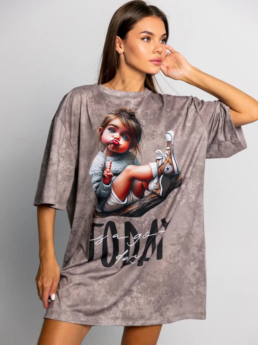 Футболка оверсайз с принтом туника пляжная удлиненная