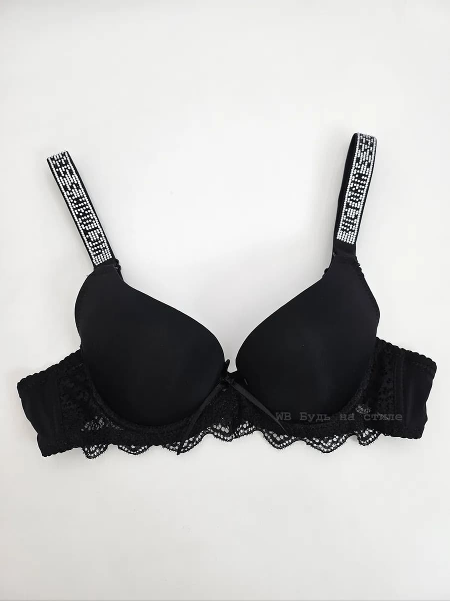 Бюстгальтер черный гладкий push-up со стразами
