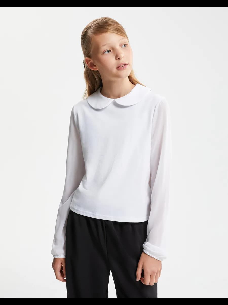 Белый лонгслив с рукавами из шифона и круглым воротником