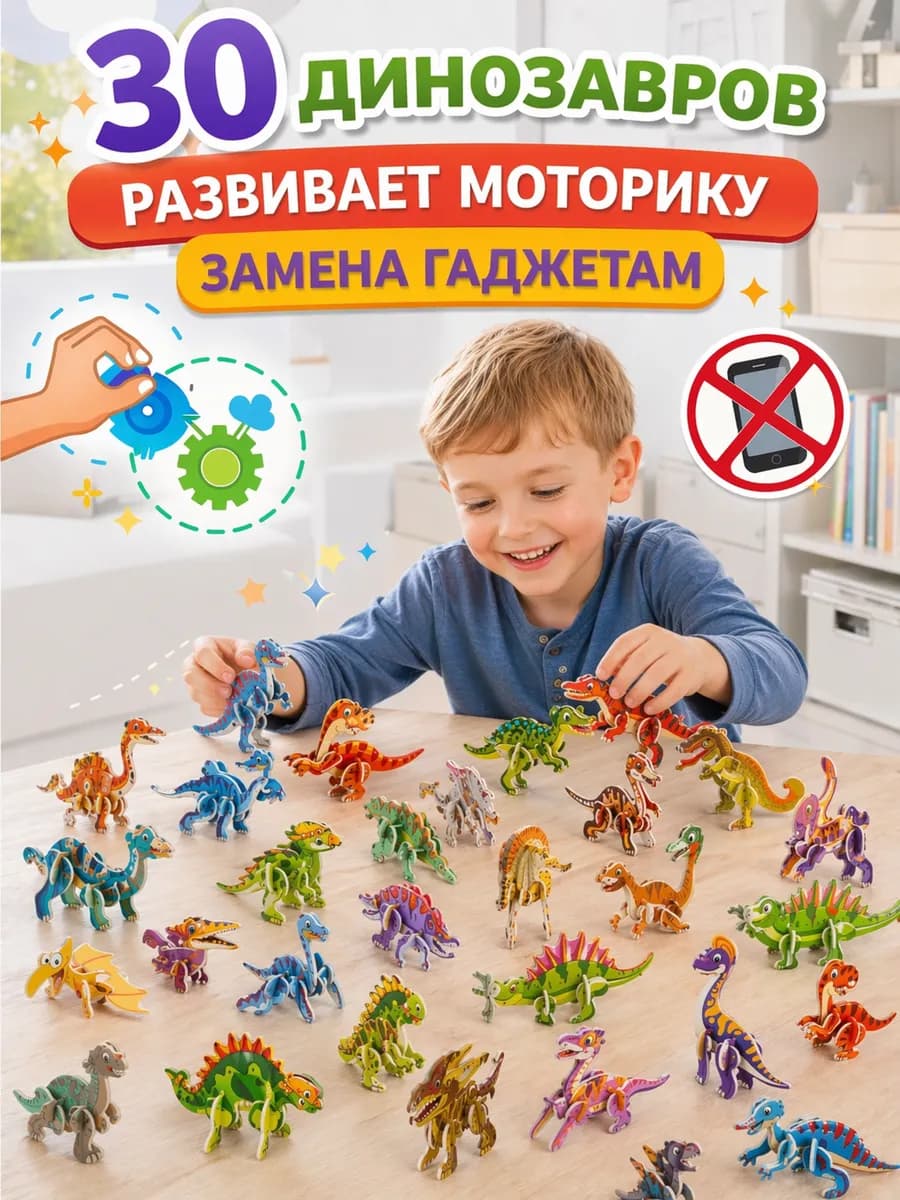 Развивающий 3Д конструктор динозавры - 30 фигурок