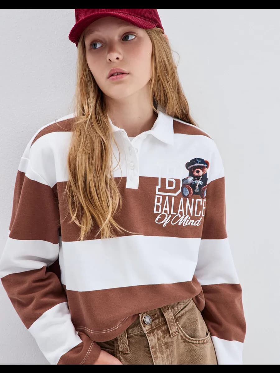 Укороченный свитшот-поло в полоску с принтом