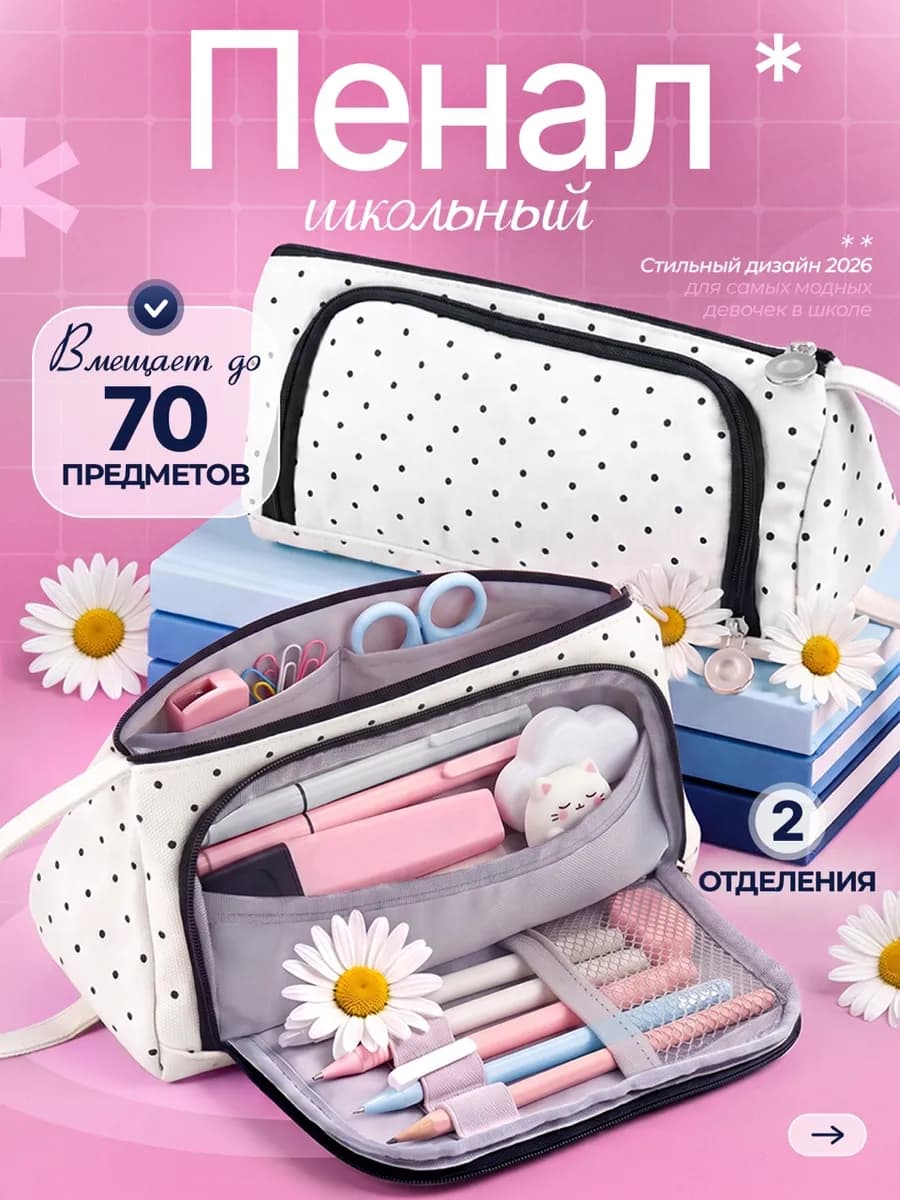 Пенал школьный для девочек в горошек