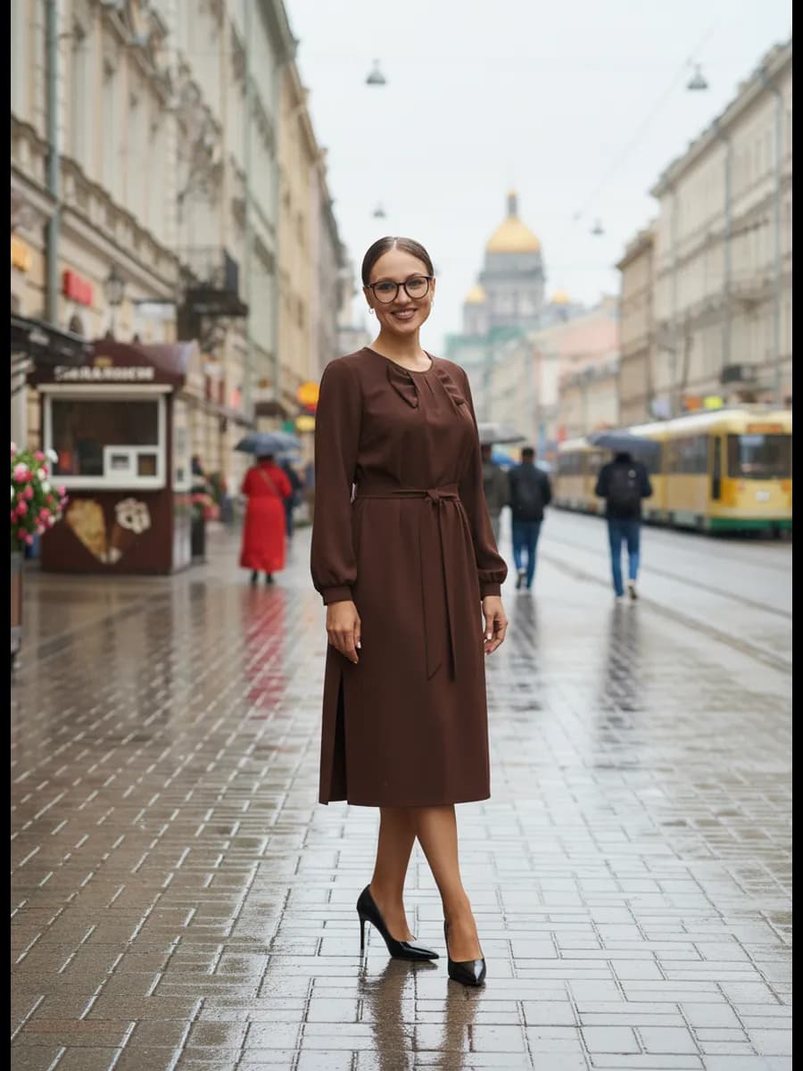 Платье миди повседневное офисное коричневое