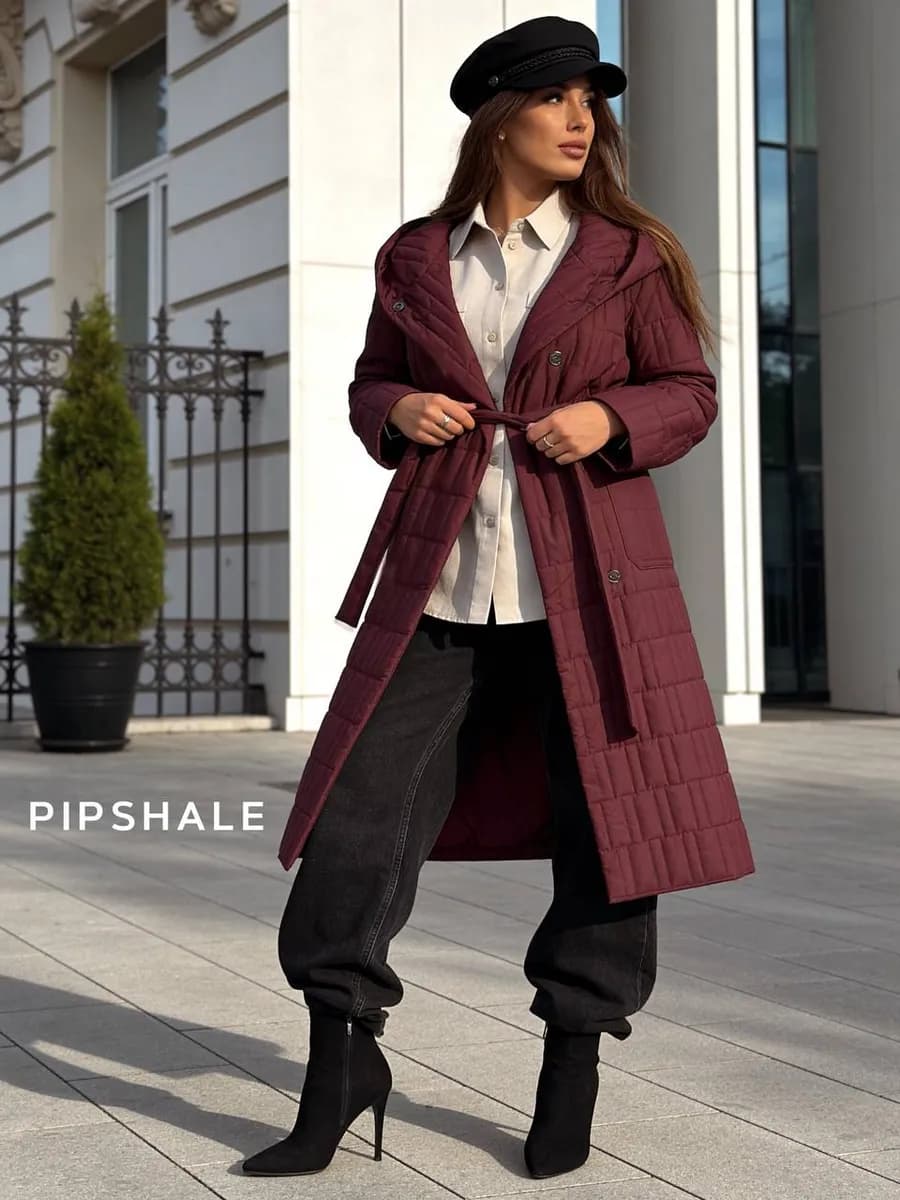 Пальто с капюшоном стеганое больших размеров утепленное