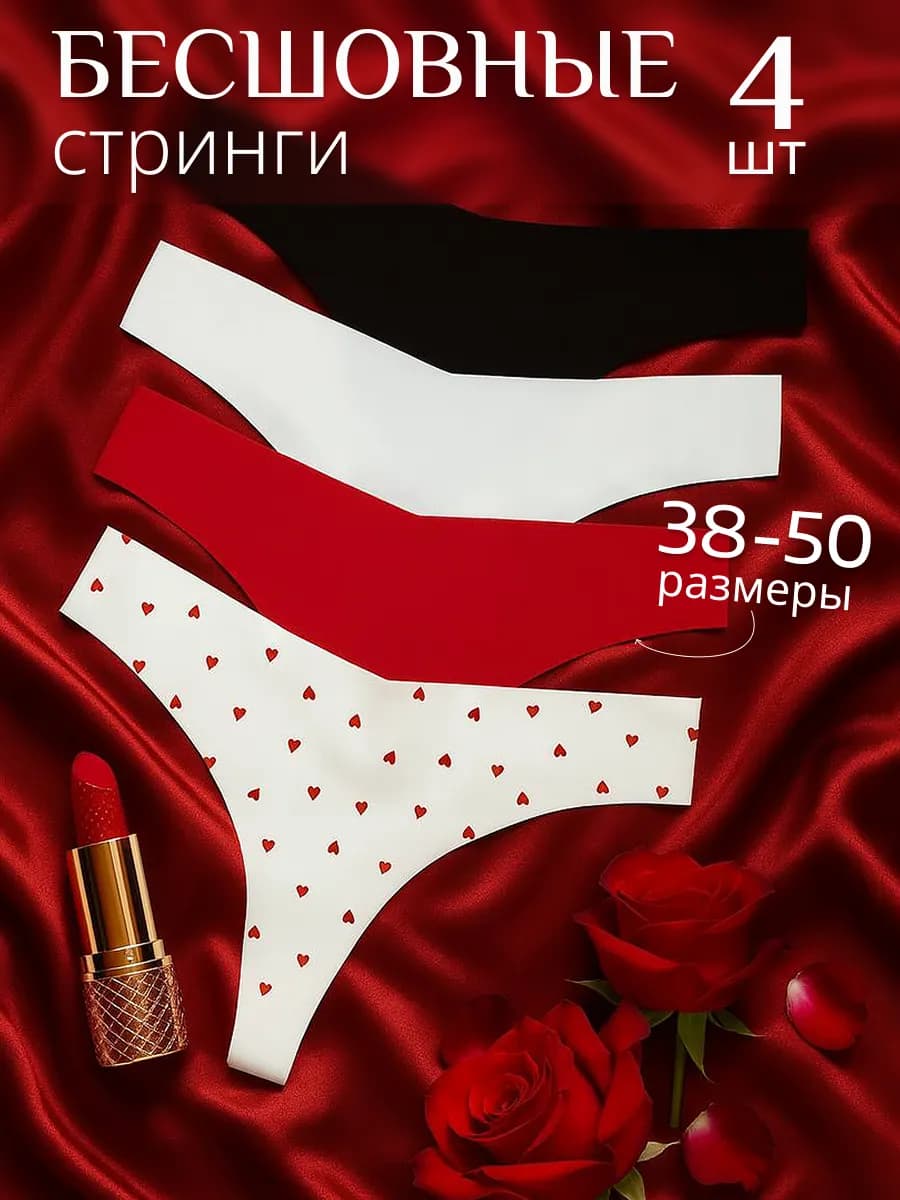 Трусы бесшовные стринги набор 4 сердечки
