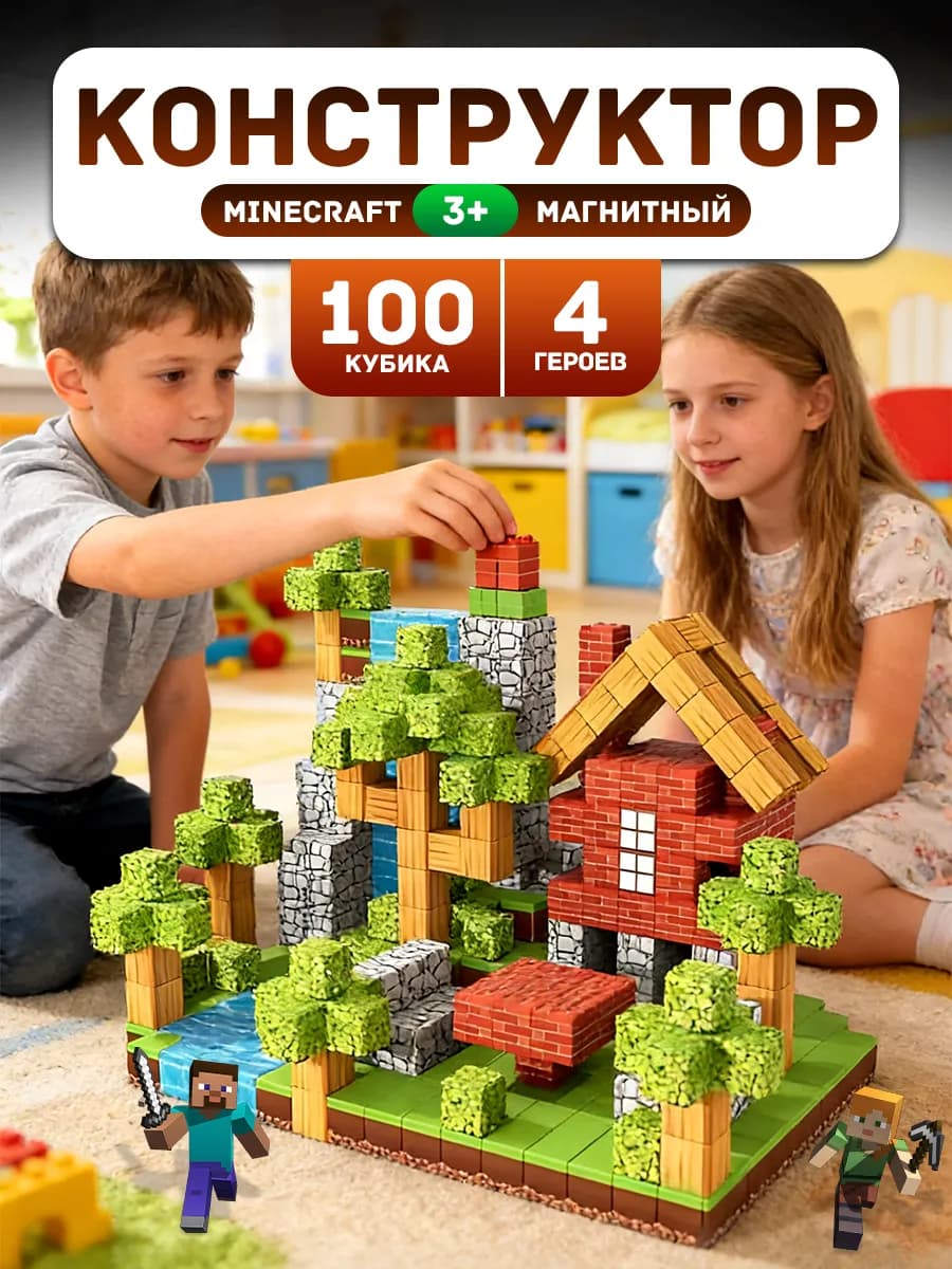 Магнитный конструктор minecraft для мальчиков кубики 100+4 - фото 1