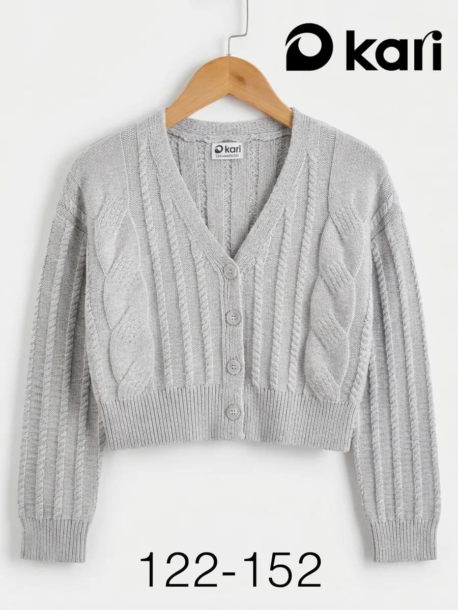 Кардиган для девочки укороченный вязаный серый на пуговицах