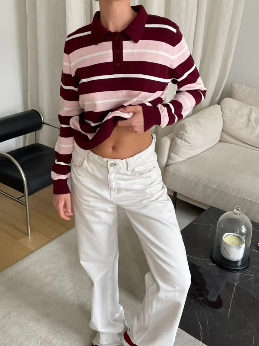 Джемпер поло с длинным рукавом в полоску