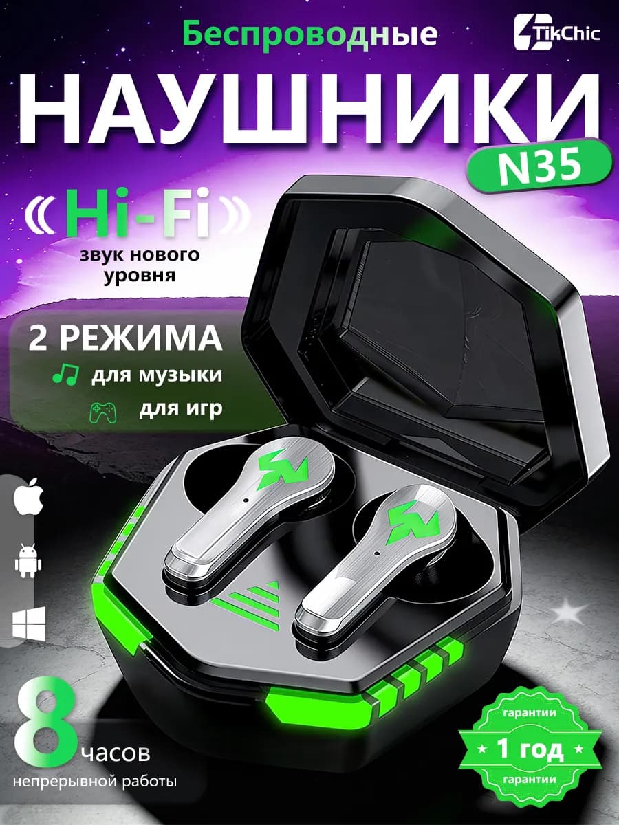 Наушники беспроводные блютуз игровые блютуз TWS N35
