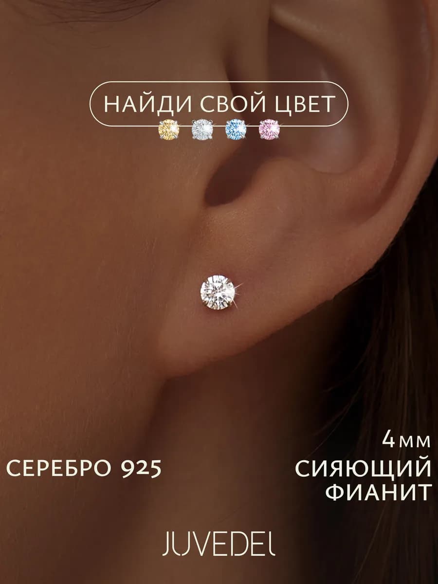 Серьги гвоздики серебро 925 пусеты серебряные с камнем 4мм