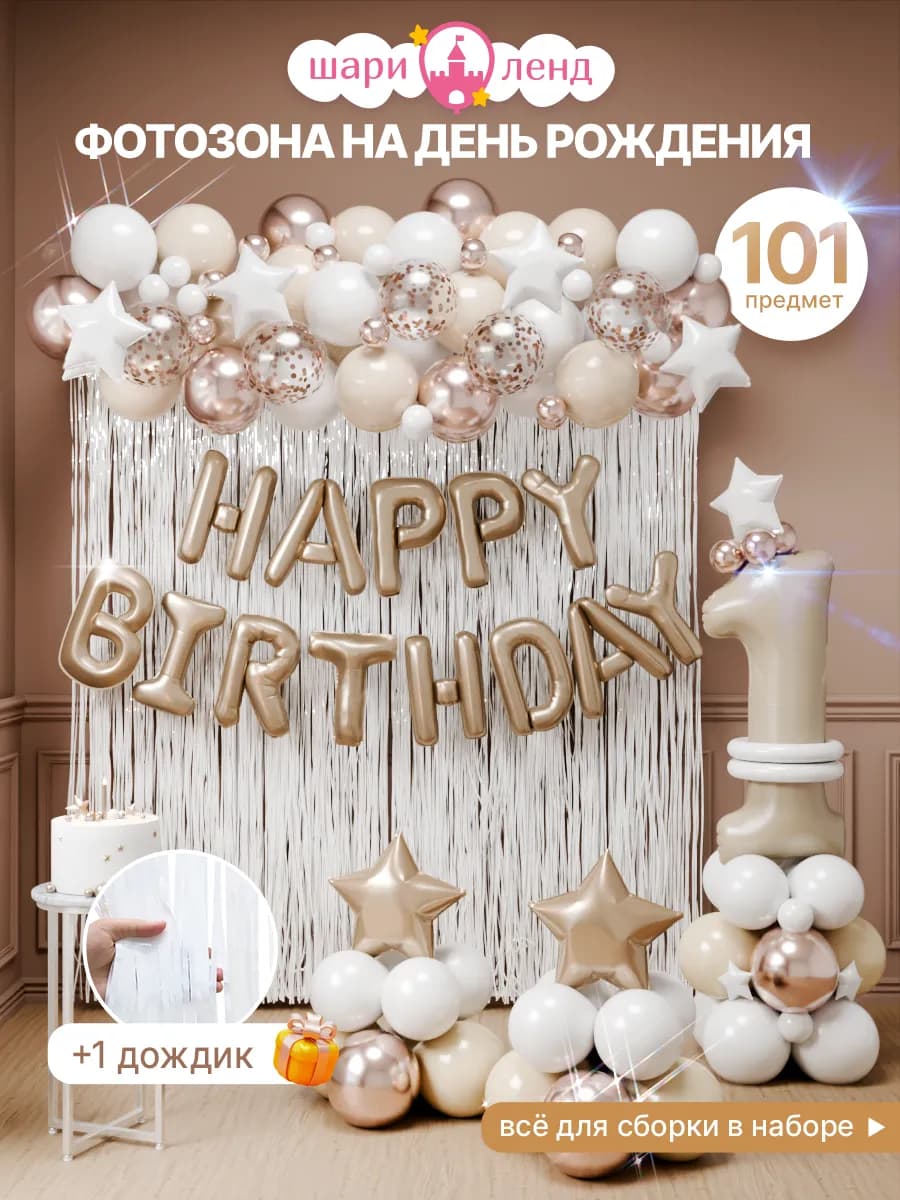 Воздушные шарики с растяжкой Happy Birthday набор и цифрой 1