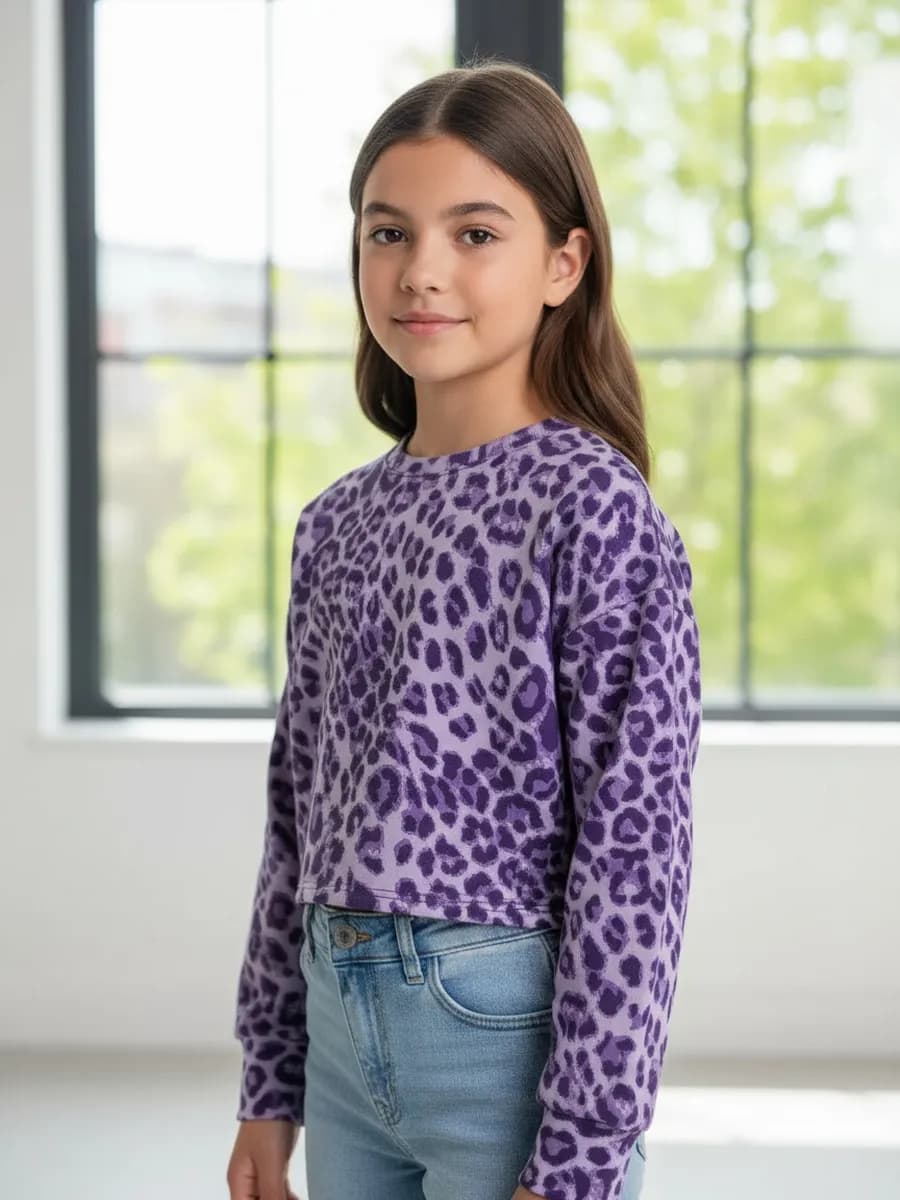 Лонгслив для девочки укороченный, леопард