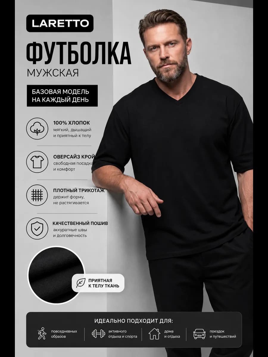 Черная футболка мужская летняя однотонная хлопок