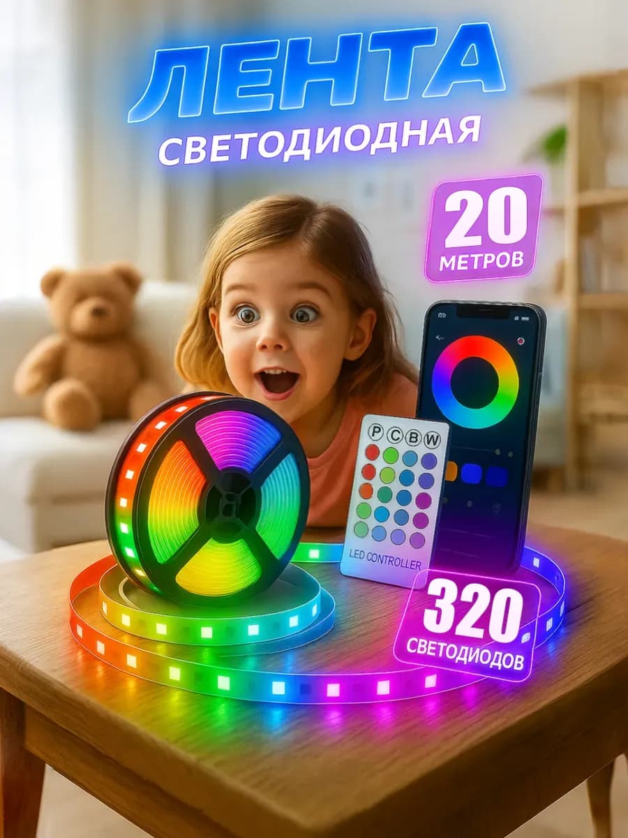 Светодиодная лента 20 метров с пультом RGB LED