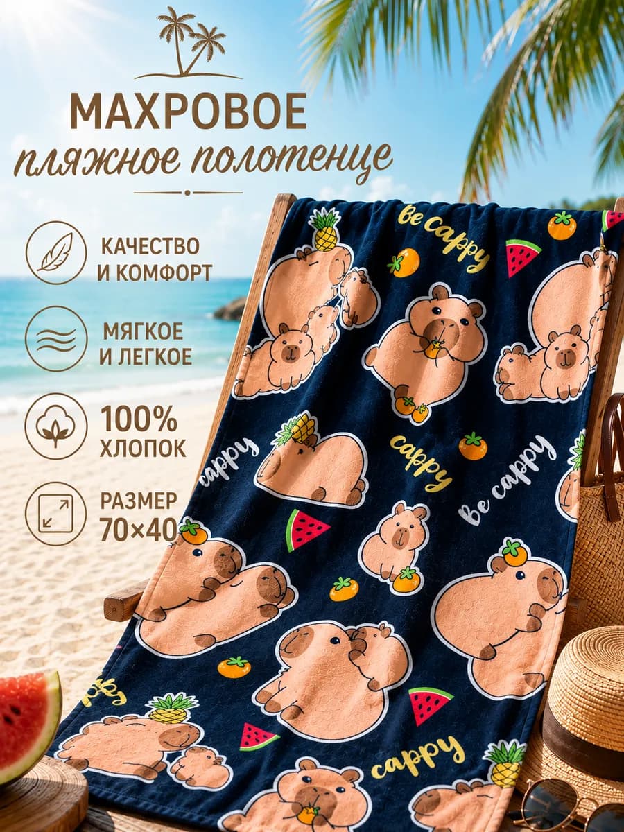 Полотенце пляжное 70х140 махровое банное Капибара
