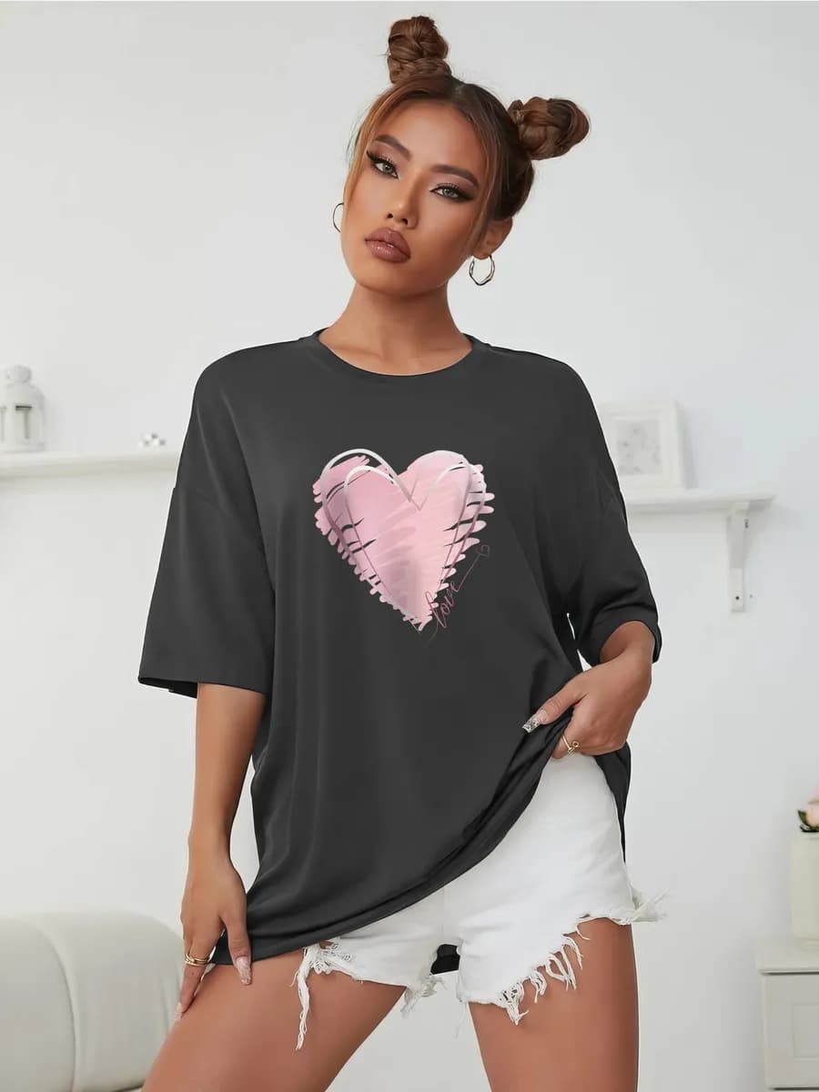 Оверсайз футболка хлопок с принтом Pink Heart