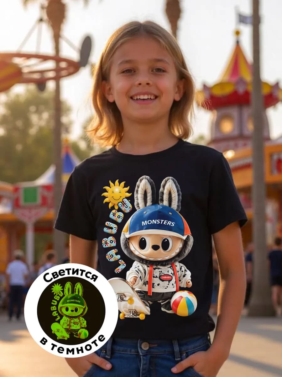 Футболка детская лабубу labubu светится в темноте