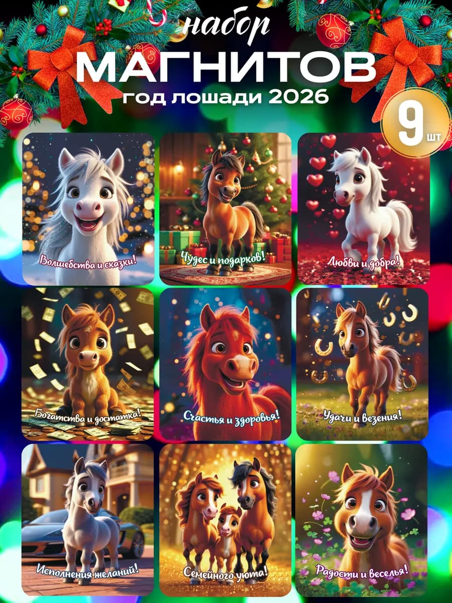Новогодние магниты на холодильник символ года Лошади 2026