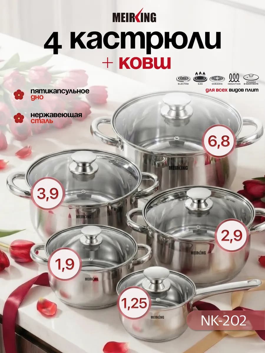 Набор кастрюль и ковш со стеклянными крышками