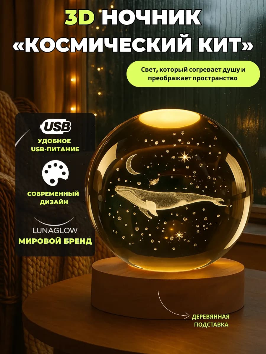 Ночник детский светодиодный Шар Кит USB