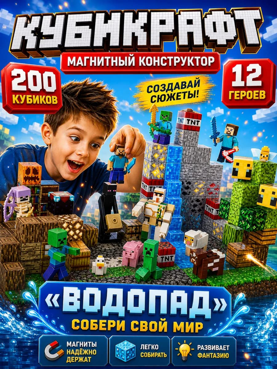 Магнитный конструктор Minecraft 200 кубиков
